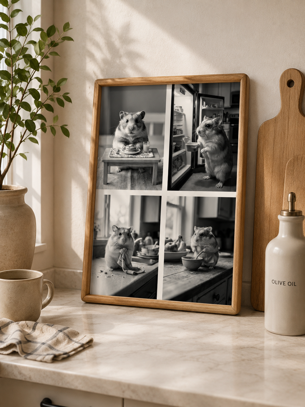 Gepersonaliseerd AI huisdierportret | Zwart-wit 4-luik